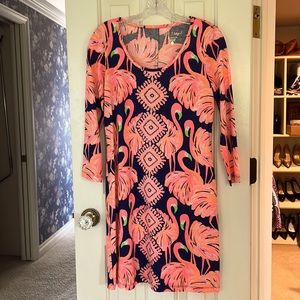 Like new, only wore once Lily Pulitzer dress, navy and pink flamingo.